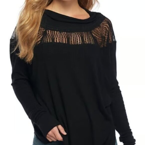 Free People, Long Sleeve, Lightweight Sweater with lace detail, Black, Size XL - Picture 1 of 4